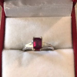 White gold diamond baguette and red ruby ring